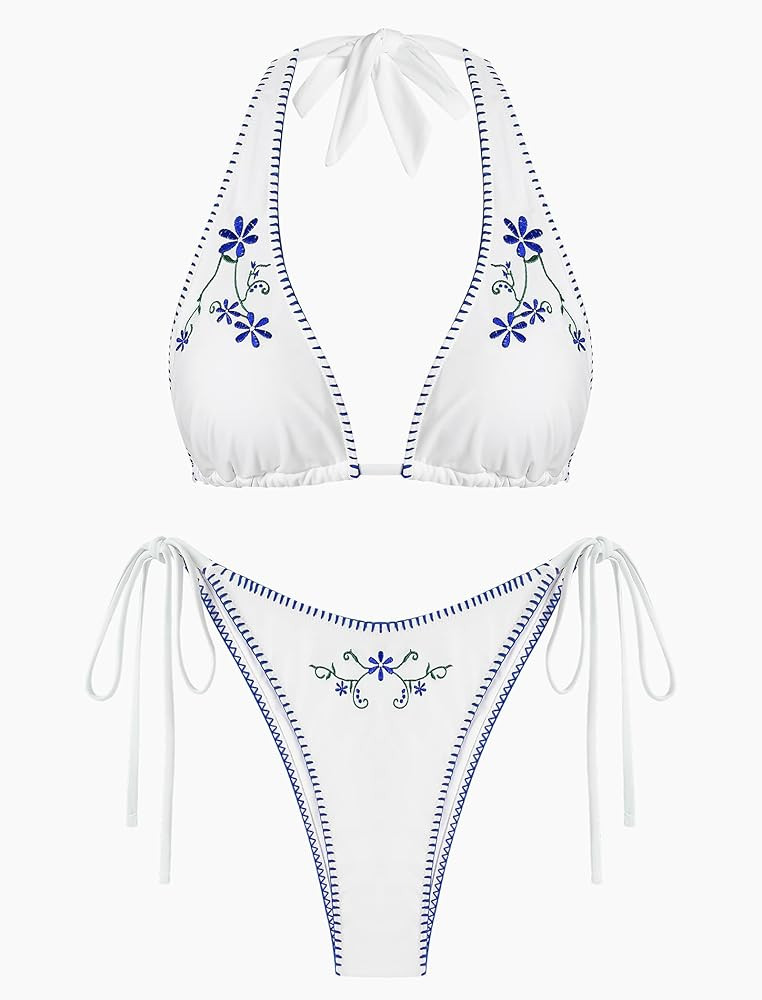 ZAFUL Women's Triangle Bikini Multiway Fishnet Tie Side Bandeau Halter String Bikini Set Two Piec... | Amazon (US)