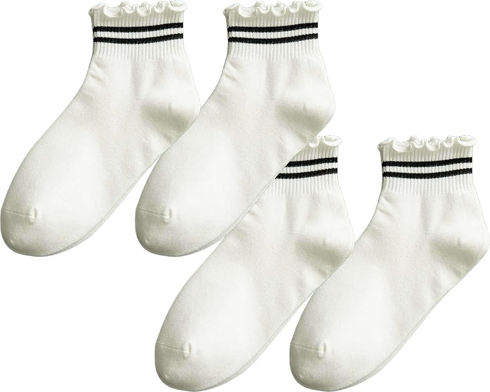 CHUNFO Womens Striped Ruffle Ribbed Crew Frilly Socks Cute Dot Athlete Ankle Cotton Casual Sock S... | Amazon (US)