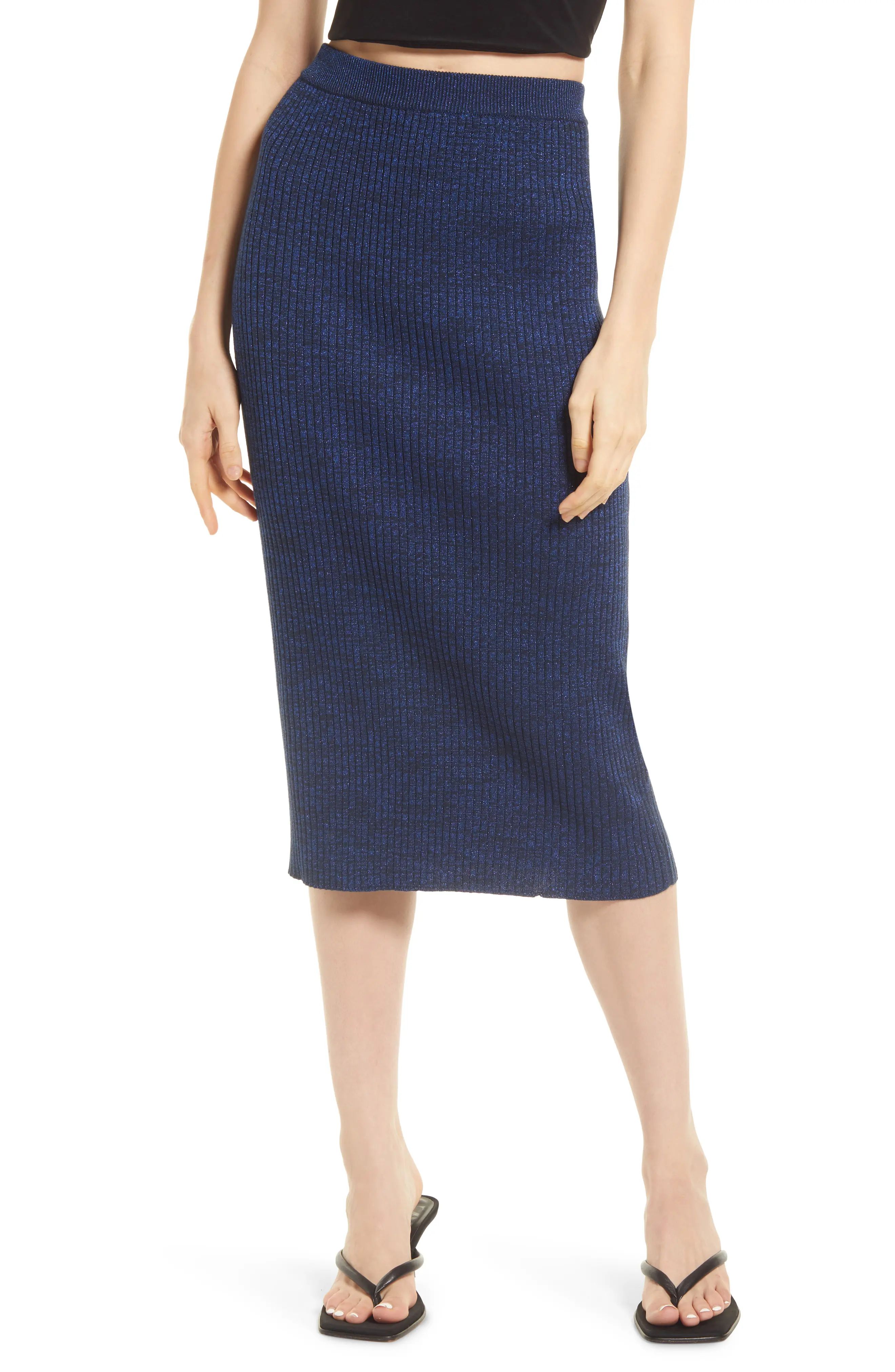 Open Edit Sparkle Ribbed Sweater Skirt, Size Xx-Small in Navy Blazer at Nordstrom | Nordstrom