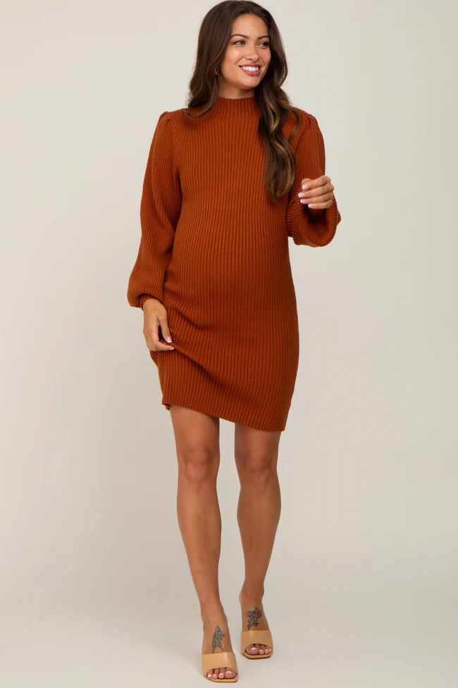 Rust Mock Neck Puff Sleeve Knit Maternity Dress | PinkBlush Maternity