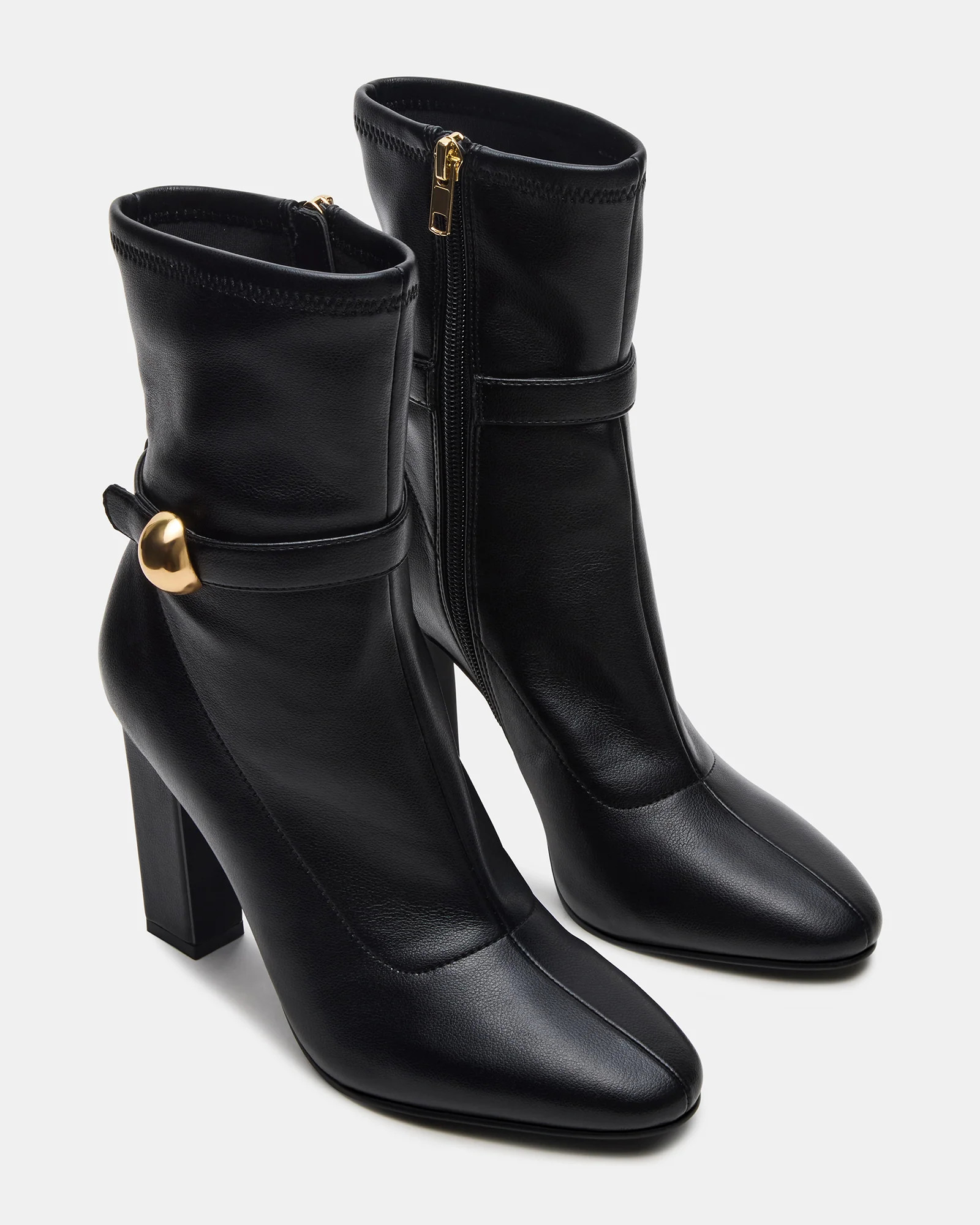 AROMA Black Buckle Gold Detail Block Heel Women's Ankle Boot | Steve Madden (US)