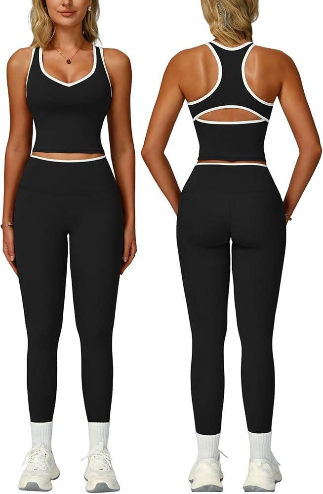 Women 2 Piece Workout Sets Racerback Color Block Tank Tops High Waist Tummy Control Active Leggin... | Amazon (US)