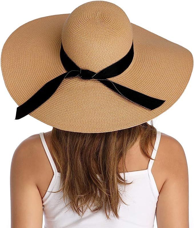 Lanzom Womens 5.5 Inches Wide Brim Straw Hat Floppy Foldable Roll up Cap Beach Sun Hat UPF 50+ | Amazon (US)