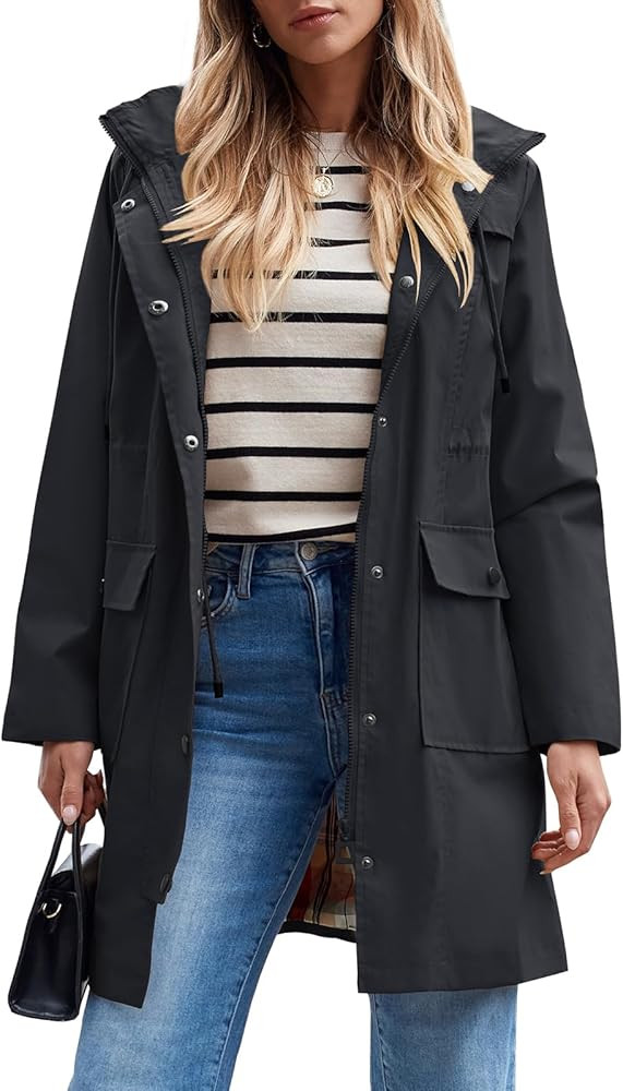 SaphiRose Women's Waterproof Rain Jacket Long Raincoat Hooded Windbreaker Trench Coat | Amazon (US)