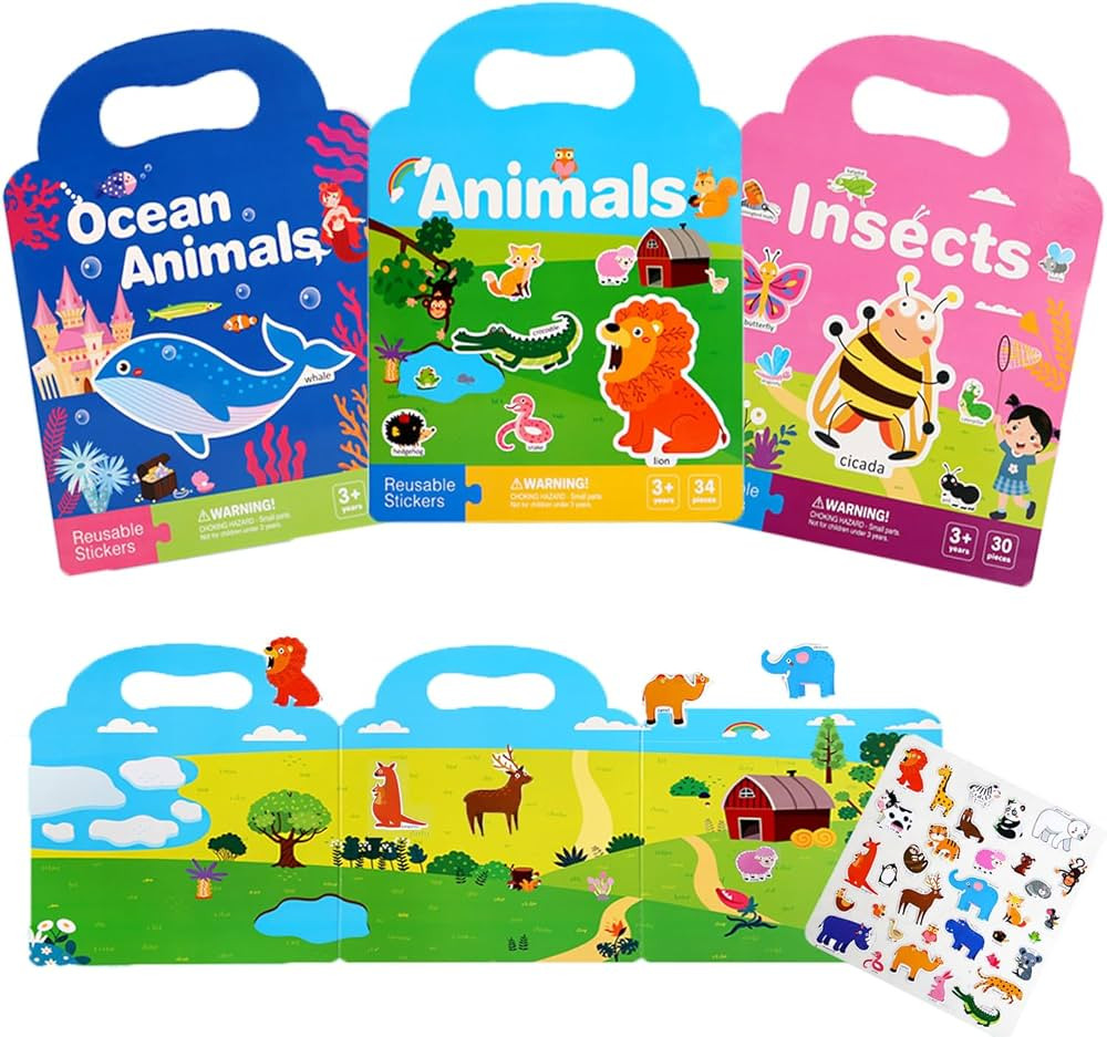 3 Pack Reusable Sticker Books for Kids 2-4, Stickers for Toddlers 1-3 2-4 Years, Waterproof Anima... | Amazon (US)