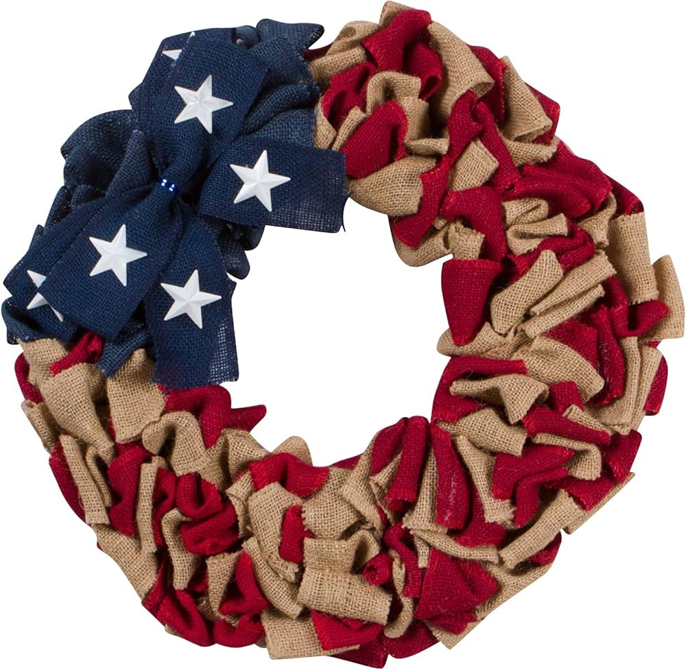 20-Inch Rustic Red White and Blue Patriotic Burlap Fabric Front Door Wreath with Metal Star Bow ... | Amazon (US)