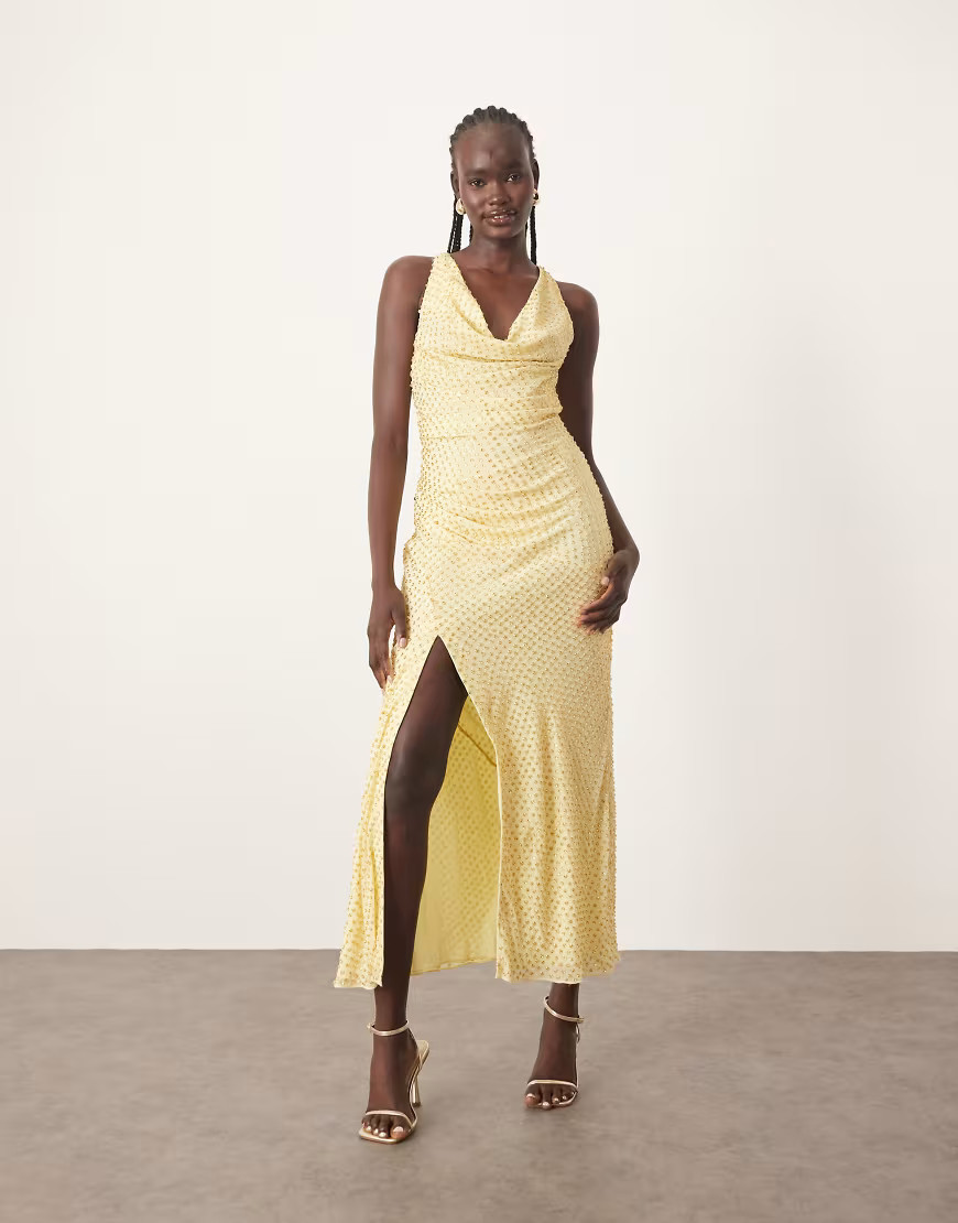 ARRANGE embellished crystal drape maxi dress with twist detail in lemon-Yellow | ASOS (Global)