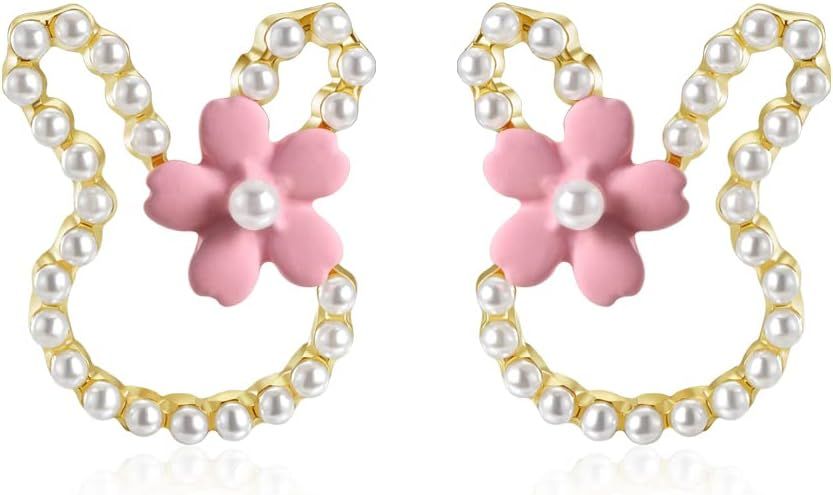Easter Earrings Cute Bunny Rabbit Pearl Flower Stud Earrings for Women Spring Holiday Jewelry Gif... | Amazon (US)