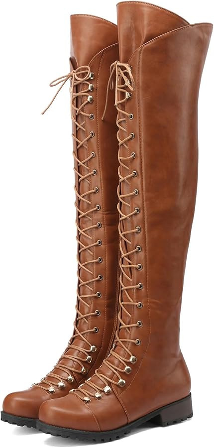 DADAWEN Women's Over The Knee Boots Square Toe Thigh High Boots with Side Zipper Lace Up Fashion ... | Amazon (US)