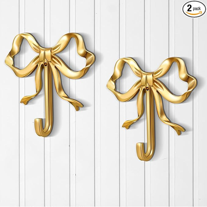 2 Pcs Gold Bow Knot Hooks Brass Bow Wall Door Hanger Towel Hooks Brass Coat Hanger Decorative Hol... | Amazon (US)