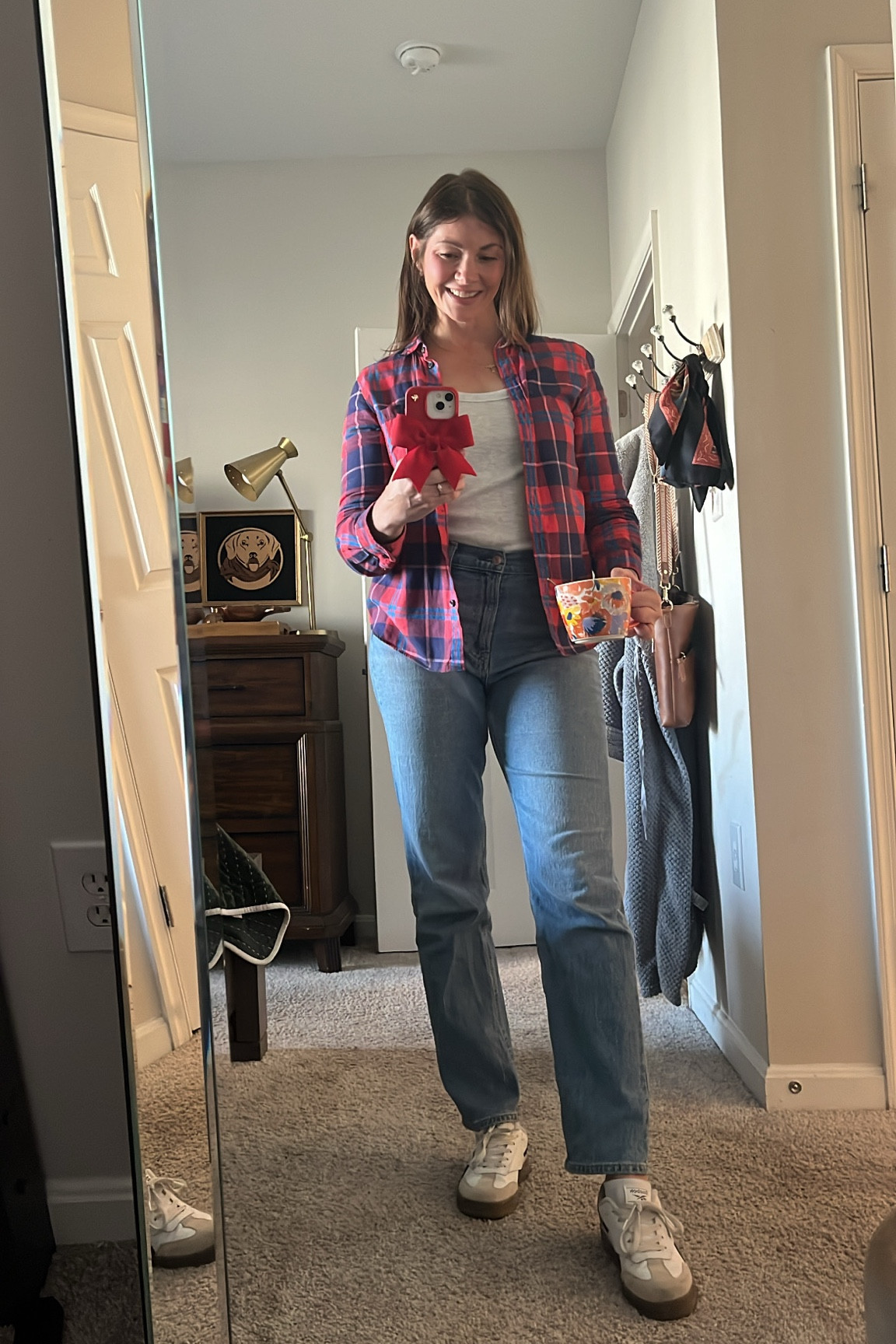 Casual outfit for moms. Straight leg jeans, weekend outfit, basic tee, ribbed long sleeve shirt, comfy outfit, winter outfit. 

#LTKMidsize #LTKOver40 #LTKFindsUnder50