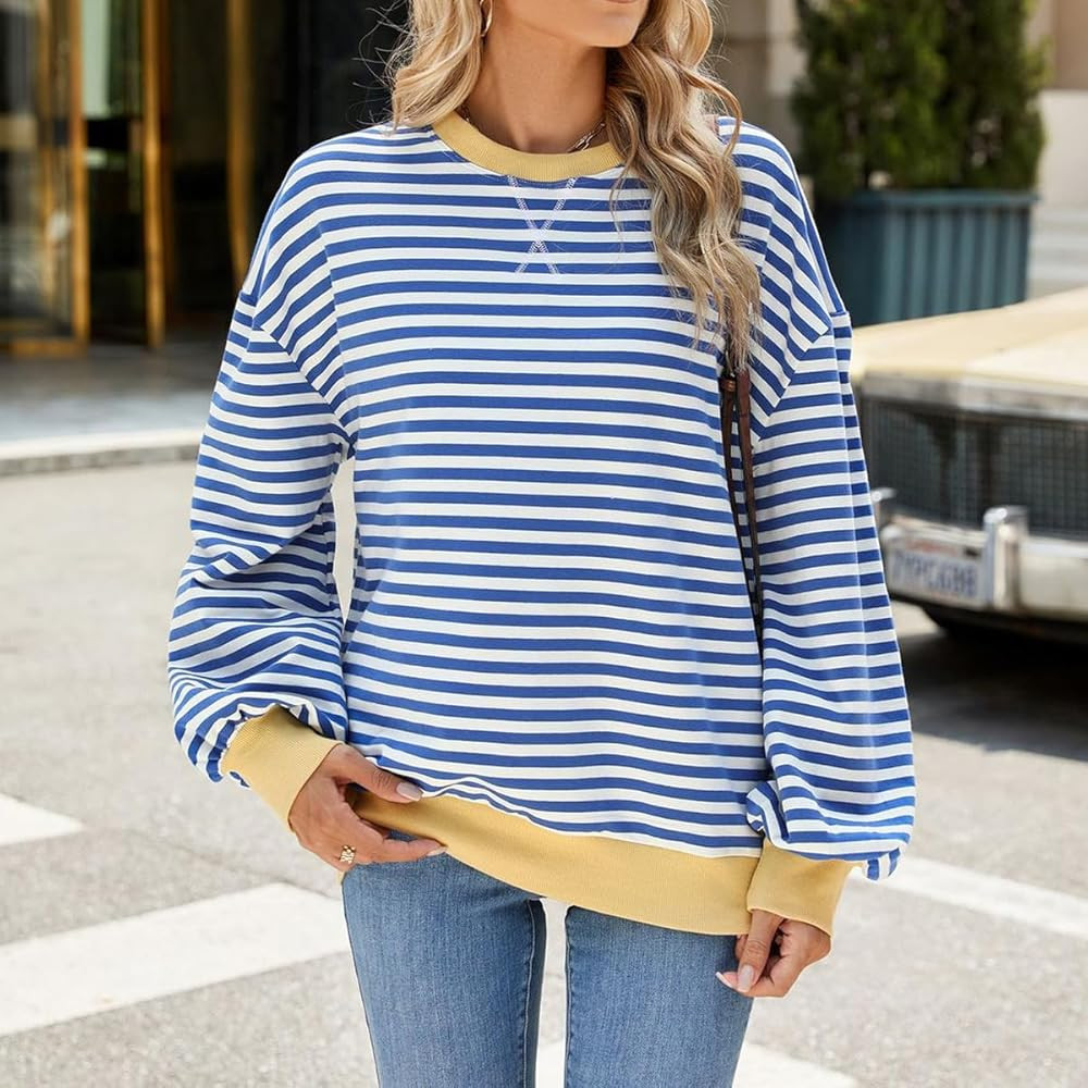 Amazon.com: Women's 2025 Fall Striped Oversized Crew Neck Sweatshirt (D8260-Blue White Stripes,XL... | Amazon (US)