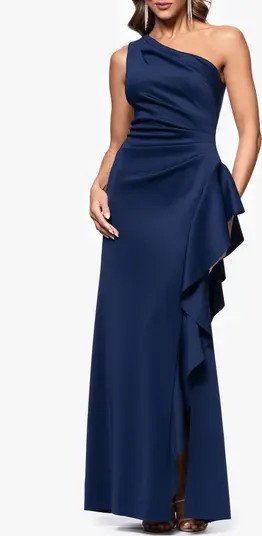One-Shoulder Ruffle Scuba Crepe Gown | Nordstrom