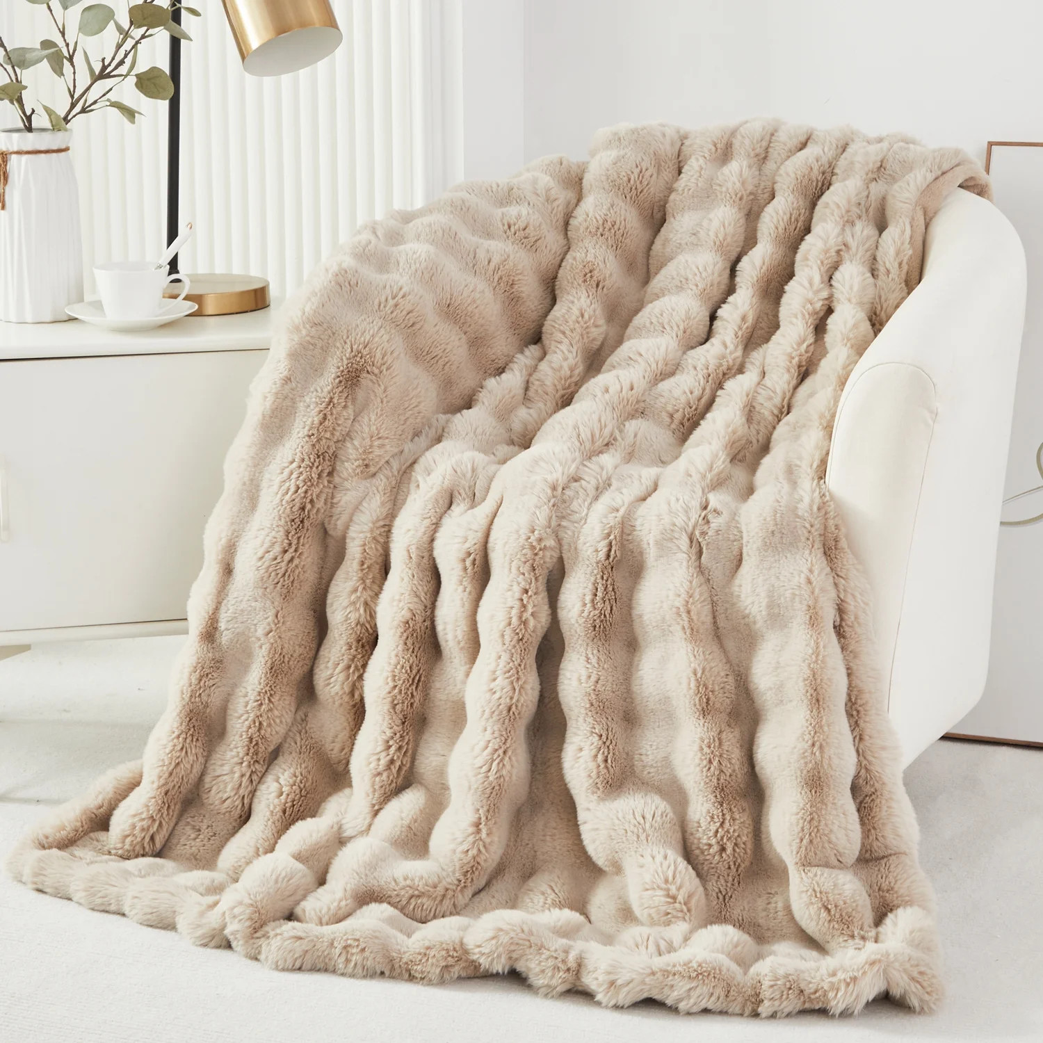 URBONUR Taupe Faux Rabbit Fur Bubble Throw Blankets for Couch Bed Sofa, Soft Warm Thick Throws an... | Walmart (US)