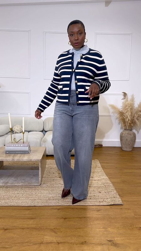 How to style grey and striped plus size I am wearing a waist size 36 in the jeans for a loser fit I am a size 16 and usually wear a size 34 waist jeans on asos get your actual size. Jumper is Boden and shoes are next I have linked similar. 

#LTKSeasonal #LTKstyletip #LTKmidsize