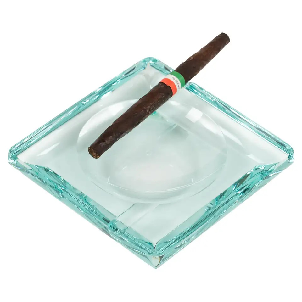 Midcentury Squared Ashtray Green Crystal Glass Fontana Arte Style, Italy 1970s | 1stDibs