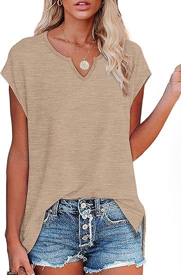 OFEEFAN Women's Cap Sleeve Shirts Casual Spring V Neck Tunic Tops Loose Tshirts Side Slit S-3XL | Amazon (US)