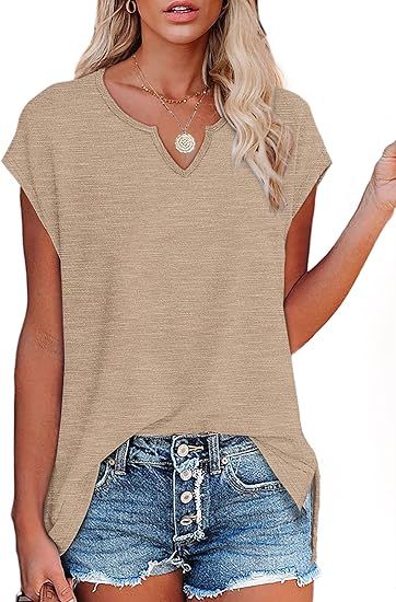 OFEEFAN Women's Cap Sleeve Shirts Casual Spring V Neck Tunic Tops Loose Tshirts Side Slit S-3XL | Amazon (US)
