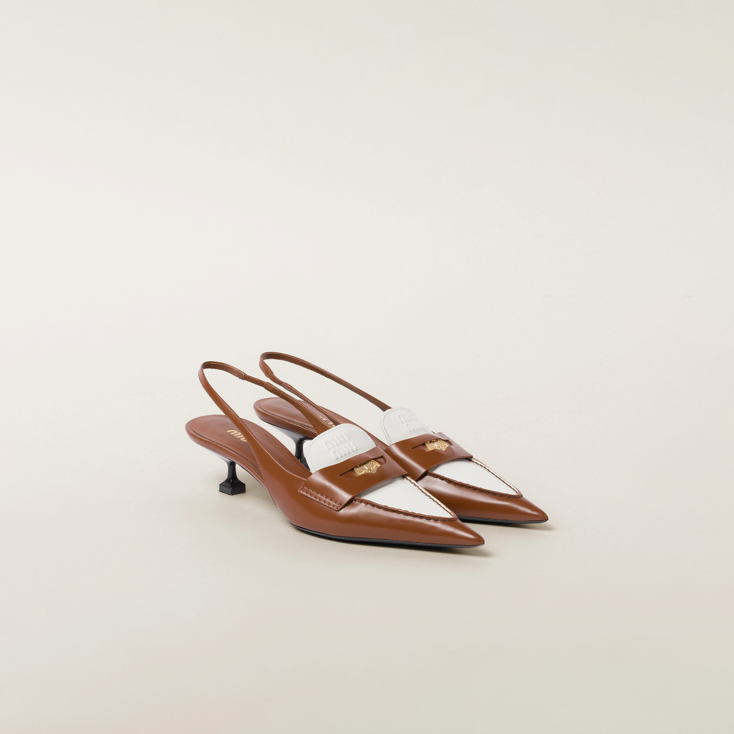 Tobacco/white Leather Penny Loafers With Heel | Miu Miu | Miu Miu US