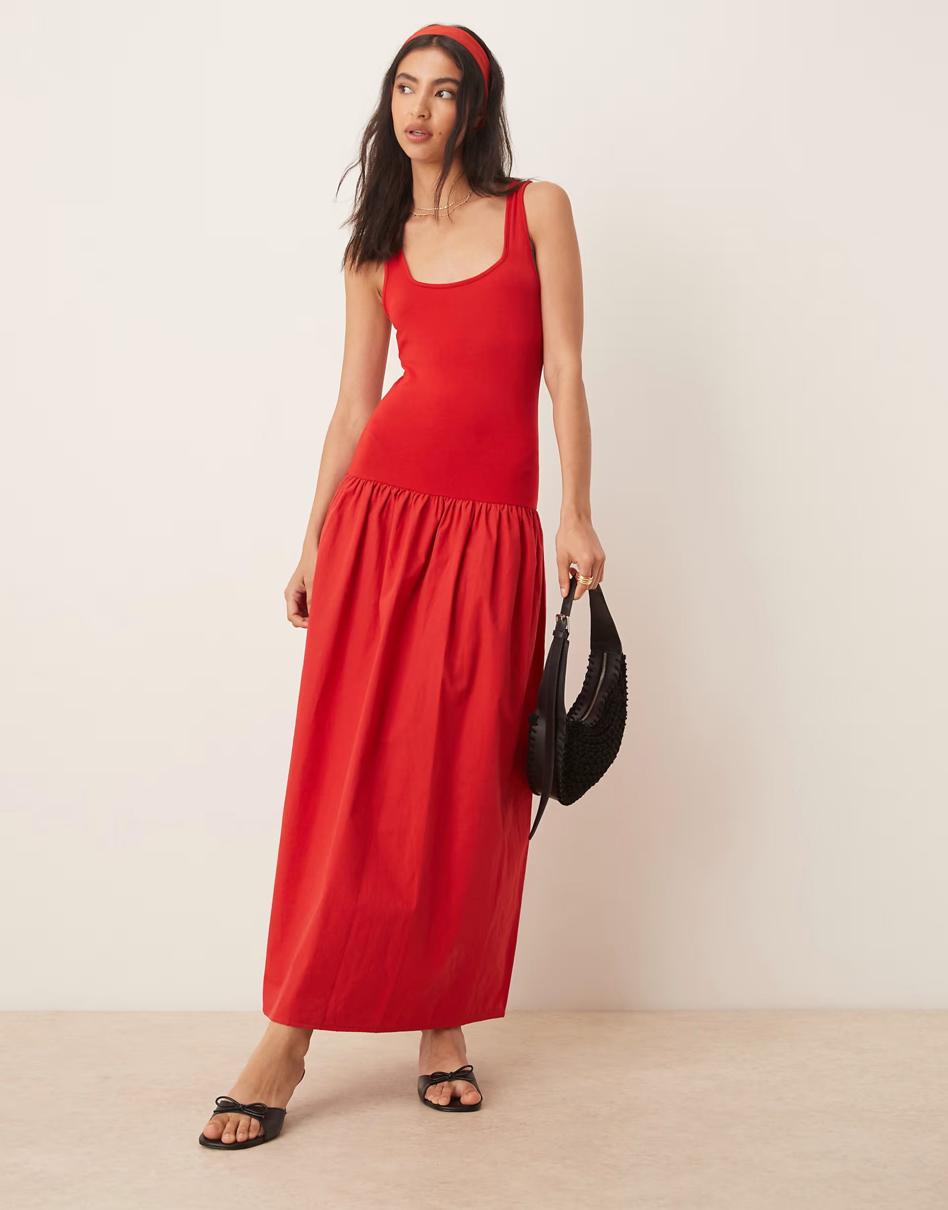 ASOS DESIGN poplin mix maxi dress with square neck in red | ASOS (Global)