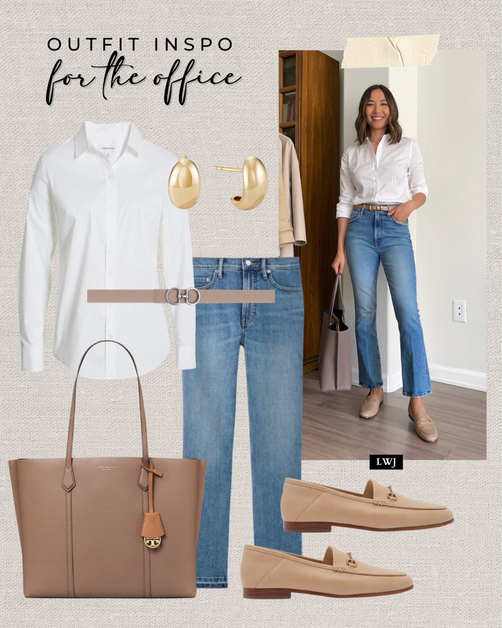 Week of workwear: for the office 

Workwear / office outfit / business casual / white button up / blue jeans / neutral belt / neutral work tote bag / neutral tan loafers / gold earrings 

#LTKWorkwear #LTKStyleTip #LTKSeasonal