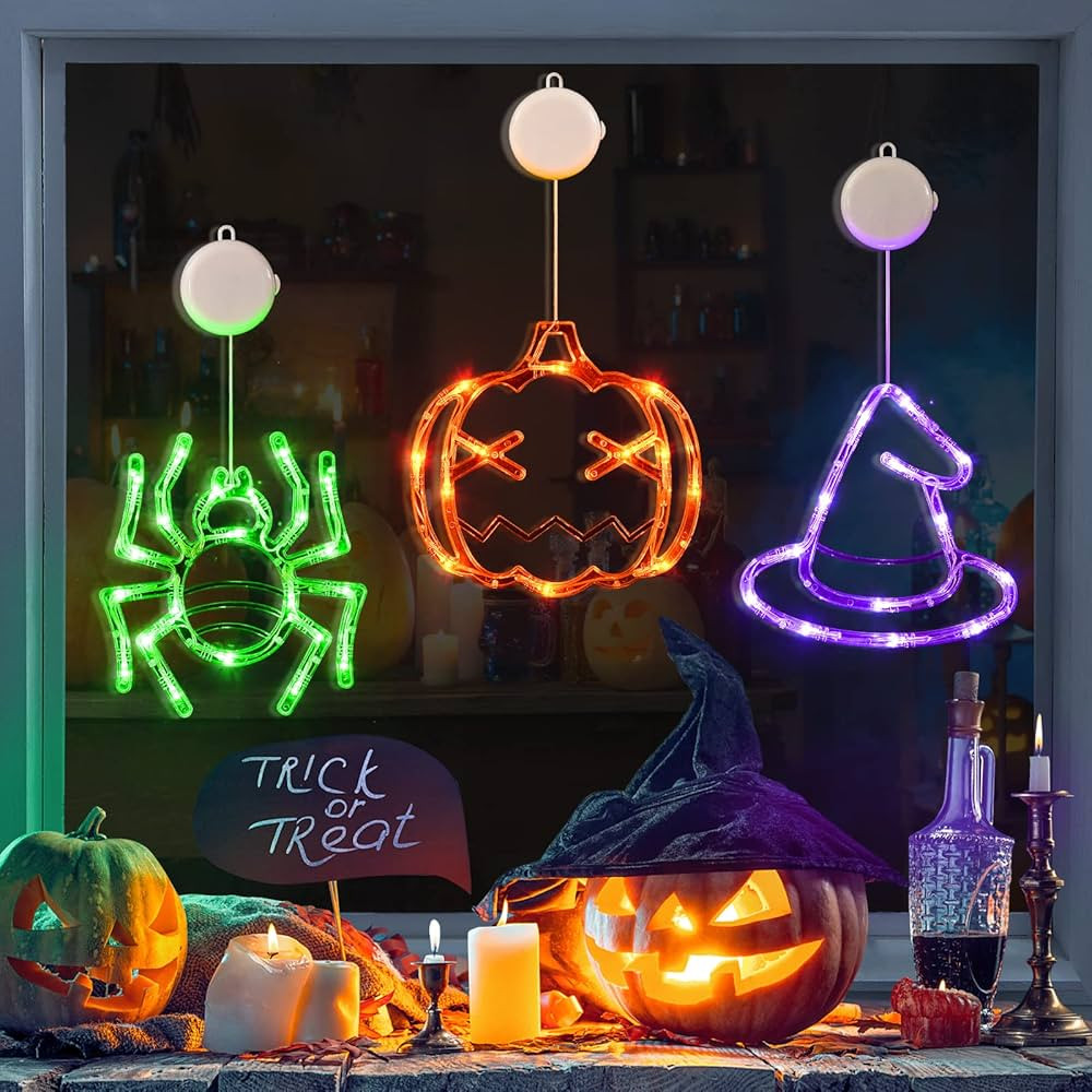 LOLStar Halloween Decorations 3 Pack Orange Pumpkin Green Spider Purple Witch Hat Halloween Windo... | Amazon (US)