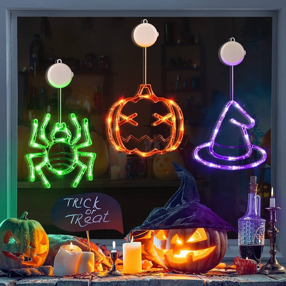 LOLStar Halloween Decorations 3 Pack Orange Pumpkin Green Spider Purple Witch Hat Halloween Windo... | Amazon (US)