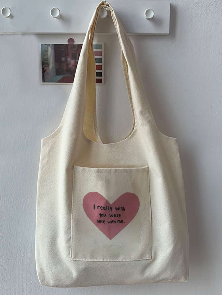 1pc Black Simple Heart & Letter Print Canvas Bag, Suitable For Student Daily Use | SHEIN