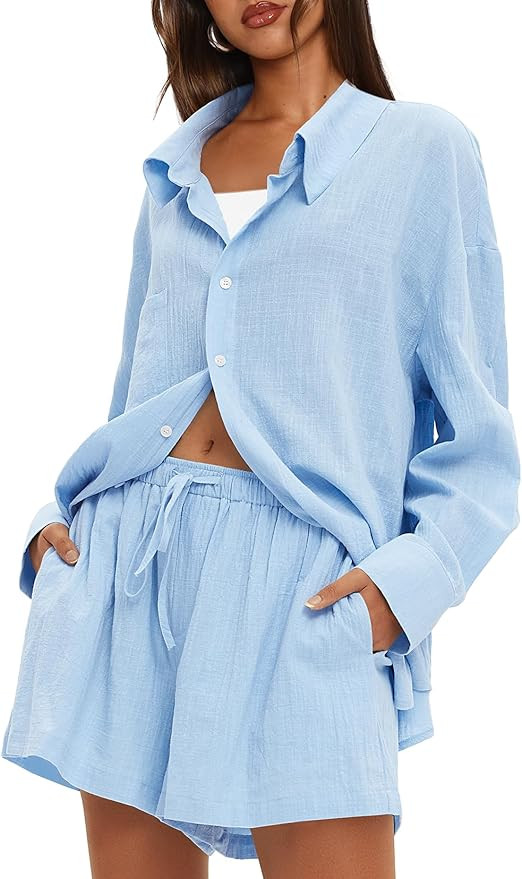 Darong Women's Summer 2 Piece Outfit Sets Long Sleeve Button Down Shirts Matching Short Sets Beac... | Amazon (US)