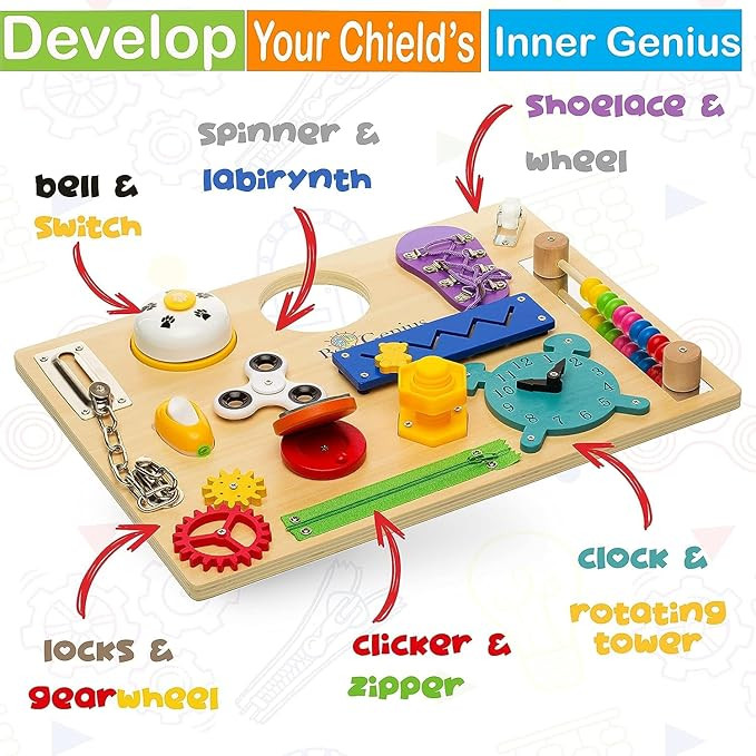 begenius Busy Board for Toddlers | Montessori Busy Board for 1 2 3 4 5 up to 8 Years | Wooden Sen... | Amazon (US)