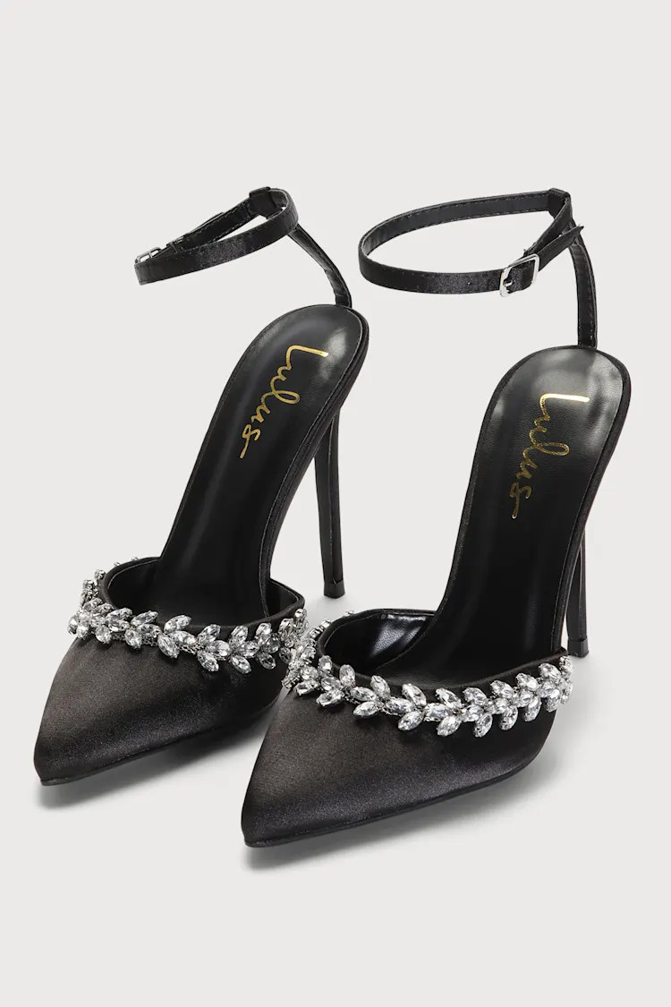 Gluray Black Satin Rhinestone Pointed-Toe Pumps | Lulus (US)