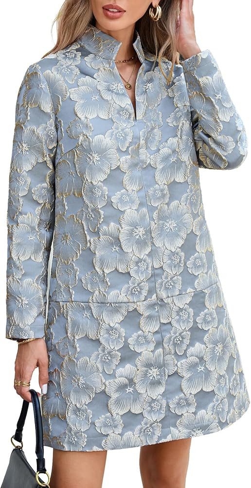 EZAPINE Women's Floral Brocade Dress Jacquard Long Sleeve Party Dresses | Amazon (US)