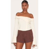 Butter Yellow Linen Blend Bardot Button Up Shirt | PrettyLittleThing US