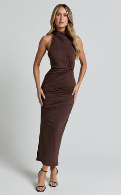 Olenna Midi Dress - Halter Neck Twist Detail Tie Back Dress in Chocolate | Showpo (US, UK & Europe)