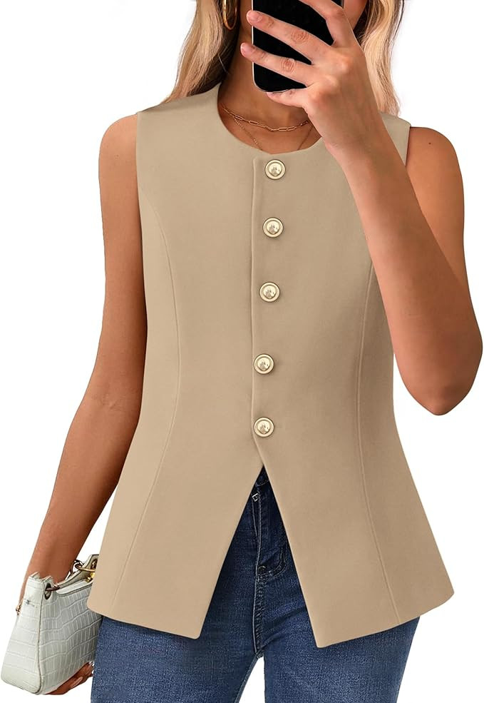 BTFBM Summer Sleeveless Blazer Vest For Women Dressy Button Down Round Neck Business Casual Outfi... | Amazon (US)