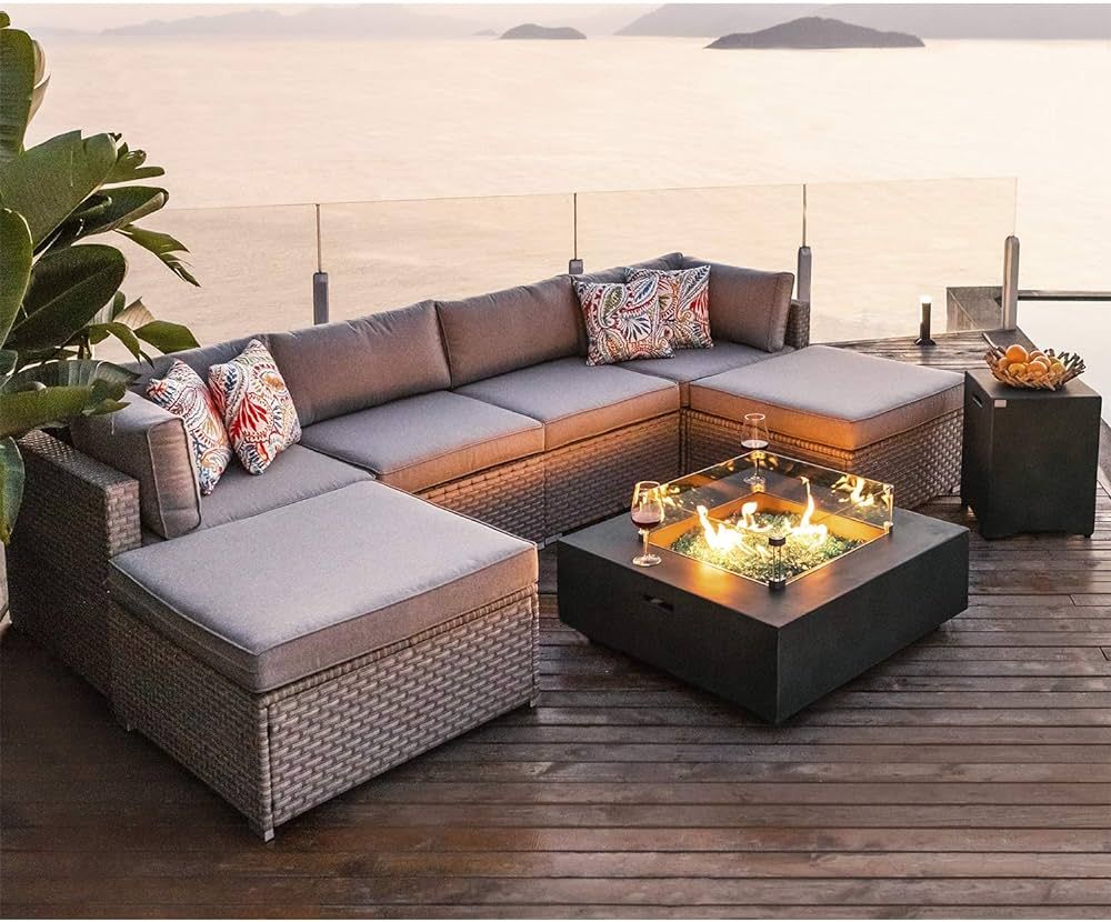 Amazon.com: COSIEST 8-Piece Fire Pit Table Outdoor Furniture Sofa, Gray Wicker Cushion Sectional ... | Amazon (US)