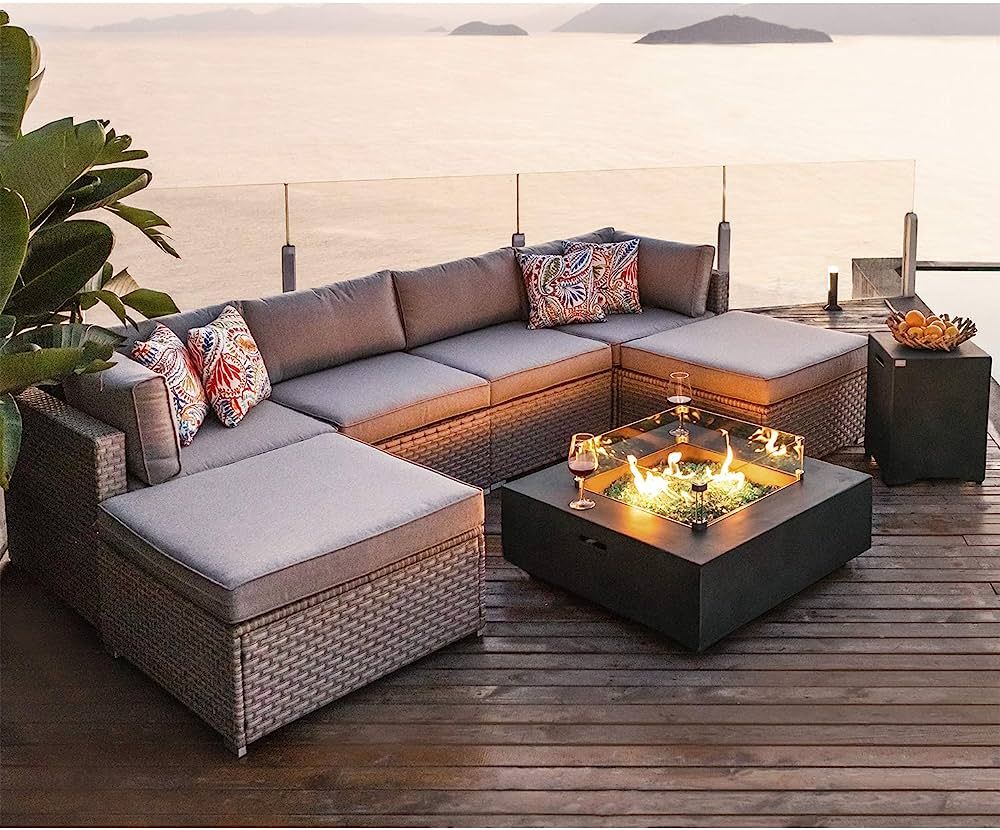 Amazon.com: COSIEST 8-Piece Fire Pit Table Outdoor Furniture Sofa, Gray Wicker Cushion Sectional ... | Amazon (US)
