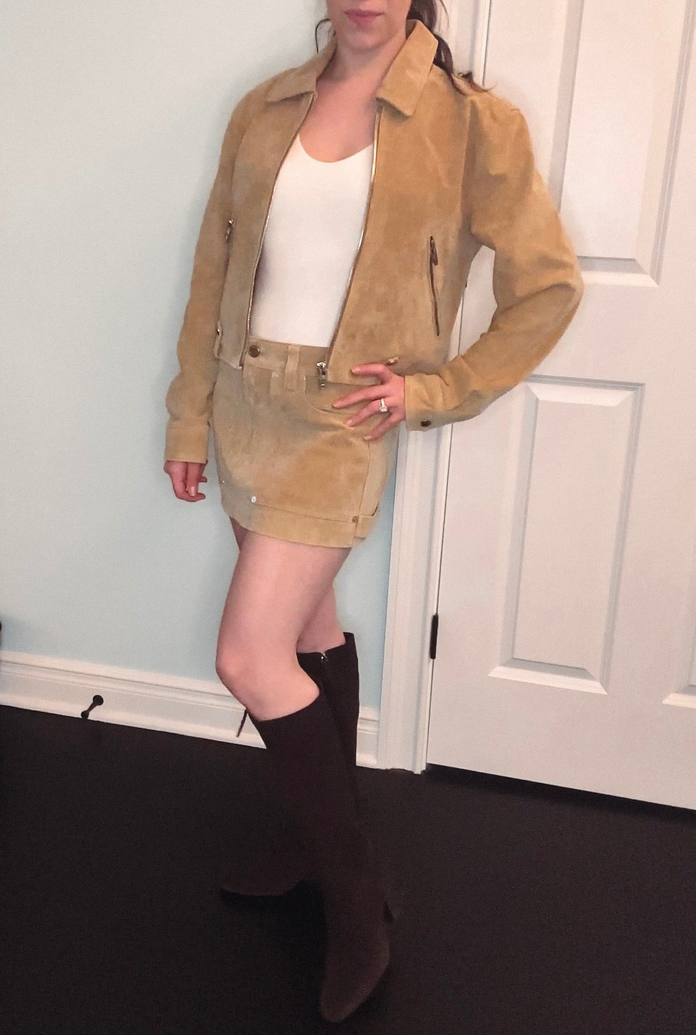 Obsessed with this suede jacket and skirt! Both on sale at Bloomingdales. I sized up to a small in the jacket and 26 in the skirt; could’ve done an XS in the jacket, though. Paired with suede brown boots and a white top. Looking forward to wearing this on my London trip next month. 

#LTKPetite #LTKTravel #LTKSaleAlert