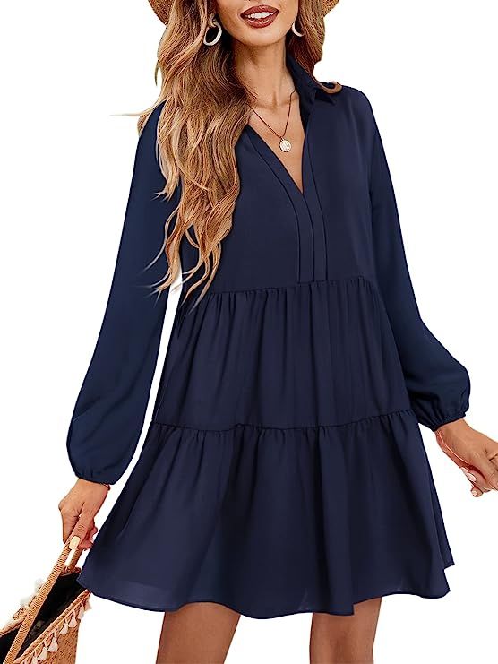 Amoretu Women V Neck Dress Summer Short/Long Sleeve Flowy Tiered Shift Dresses | Amazon (US)