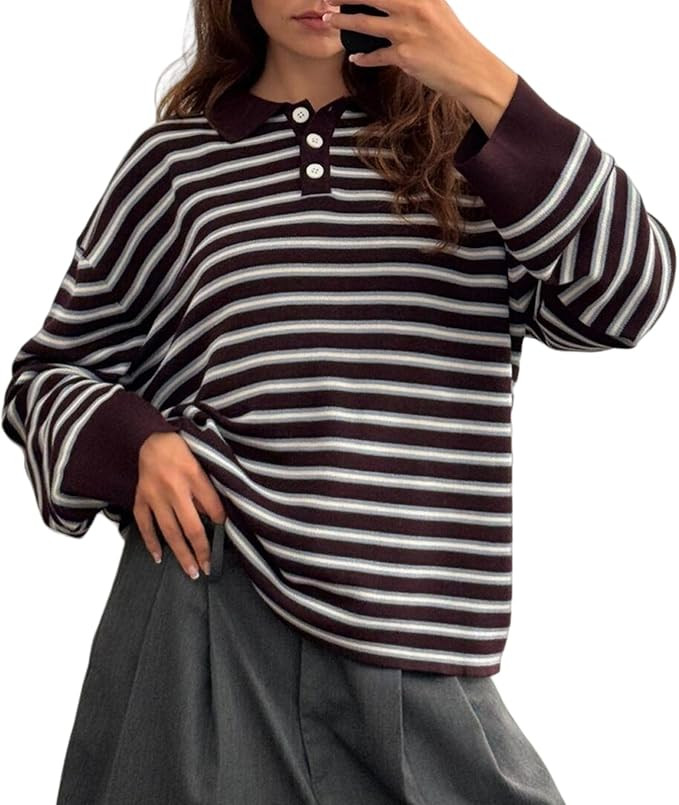 Oversized Striped Sweater for Women Collared Long Sleeve Preppy Polo Sweater Vintage Aesthetic Kn... | Amazon (US)