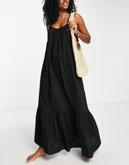 ASOS DESIGN drop hem cami maxi beach dress in black | ASOS (Global)