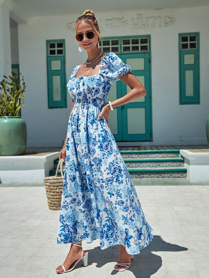 SHEIN VCAY Floral Print Square Neck Puff Sleeve Dress | SHEIN