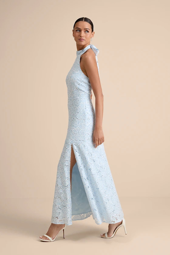 Vaelyn Light Blue Crochet Lace Halter Maxi Dress | Lulus