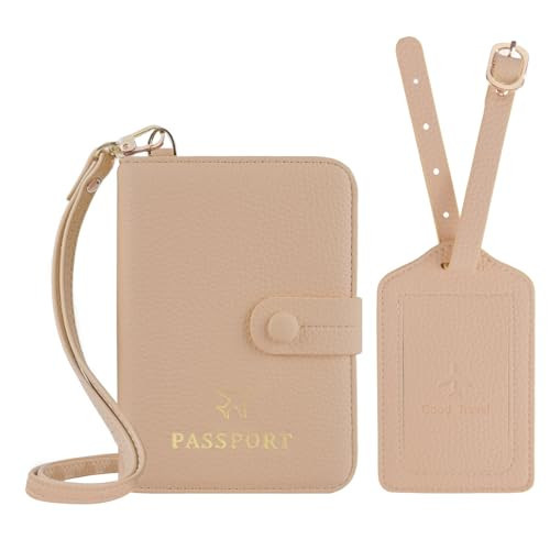 Passport Holder RFID Protected Wallet and Luggage Tag with Protection Cover Travel Accessories Leather Card Case Organizer for Women Men (Beige) | Amazon (US)