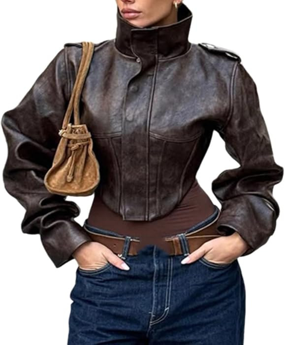 Wuitrie Womens Vintage Faux Leather Jacket High Neck Cropped Coat Long Sleeve Fashion Outerwear C... | Amazon (US)