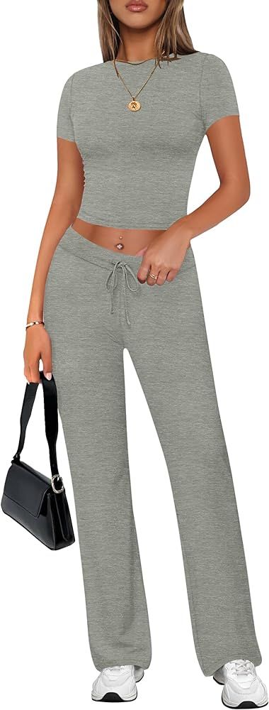 ZESCA Women's 2 Piece Lounge Sets Casual Y2K Outfits Short Sleeve Crop Top Fold over Flare Pants ... | Amazon (US)
