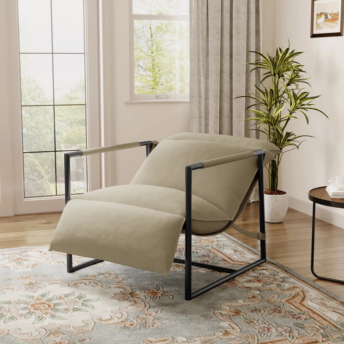 Upholstered Modern Metal Framed Beige Polyester Blend Sling Accent Chair | Wayfair North America