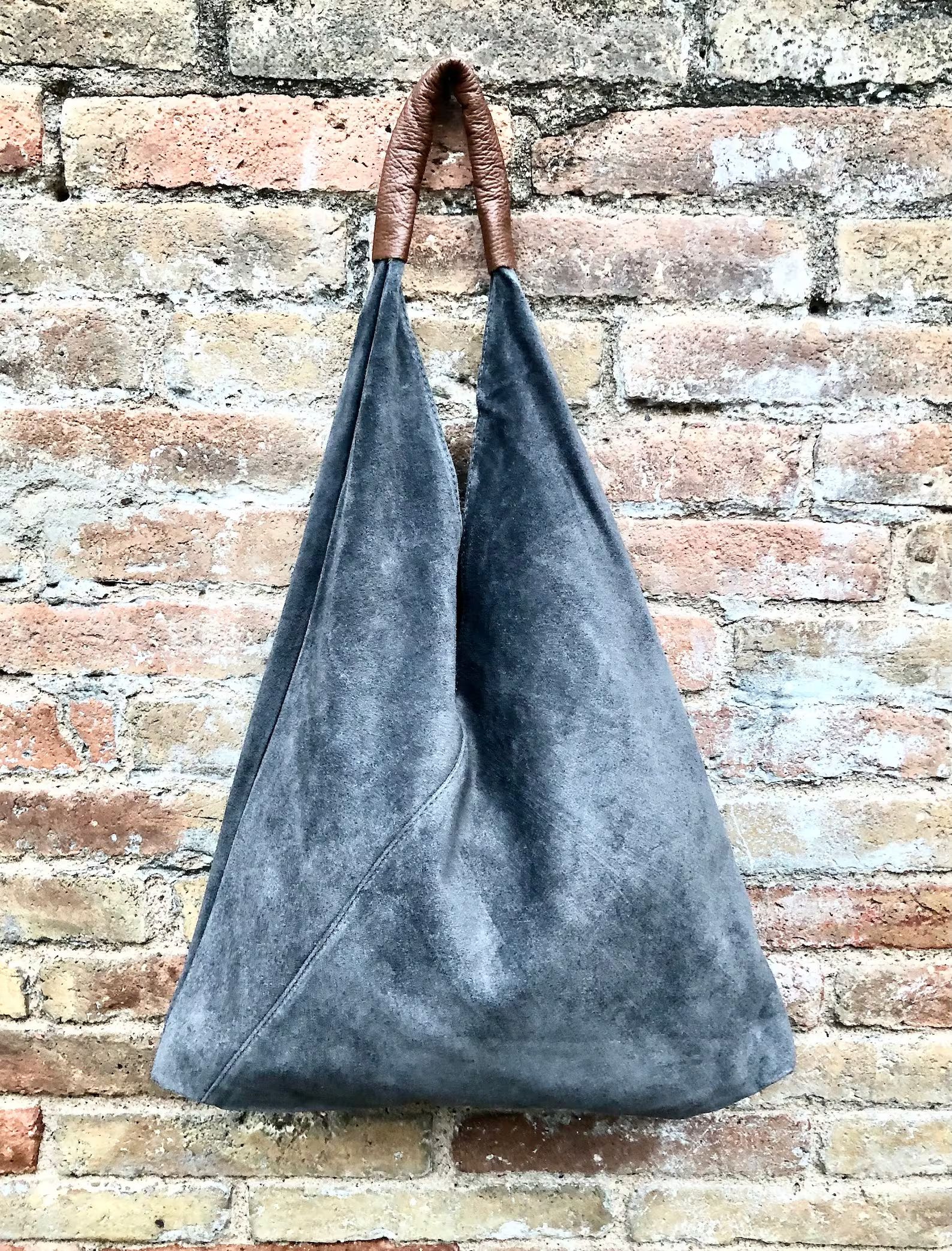 Slouch Leather Bag in Dark Gray Suede. Genuine Leather Shoulder Bag. Origami Bag Camel Brown Leat... | Etsy (US)