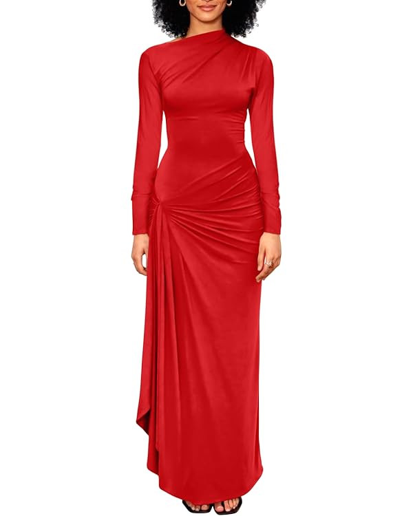 YMDUCH Women's Casual Long Sleeve Boat Neck High Split Ruched Bodycon Long Formal Dress | Amazon (US)