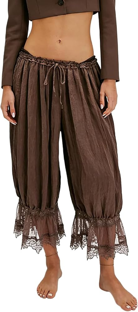 NUFIWI Women Ruffle Long Bloomer Y2k Lace Trim Pettipants Pantaloons Mid Rise Cropped Pajama Pant... | Amazon (US)